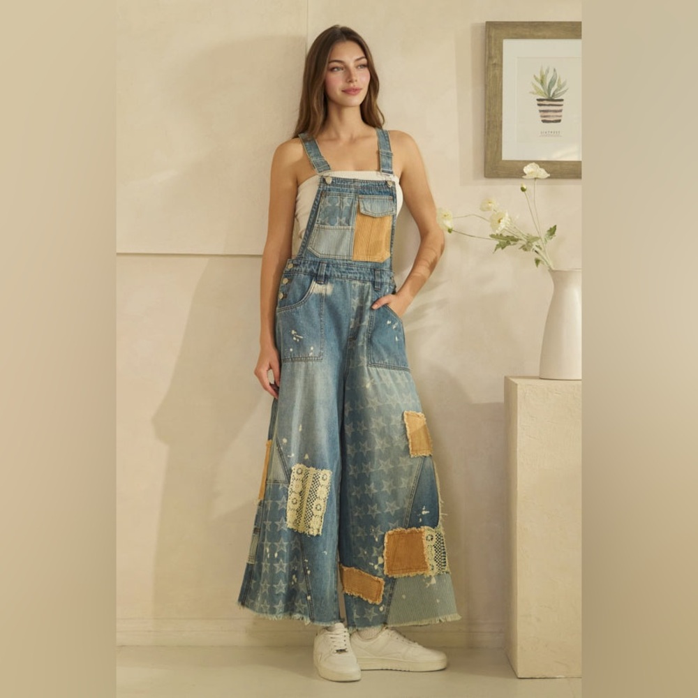 #OB19 Oli & Hali Blue Patchwork Wide-Leg Denim Overalls